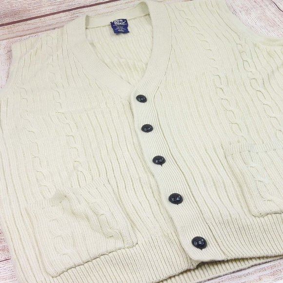 John Blair Men Cable Knit Sleeveless Sweater Vest Button Front 2 Pockets Cream L - Picture 6 of 12